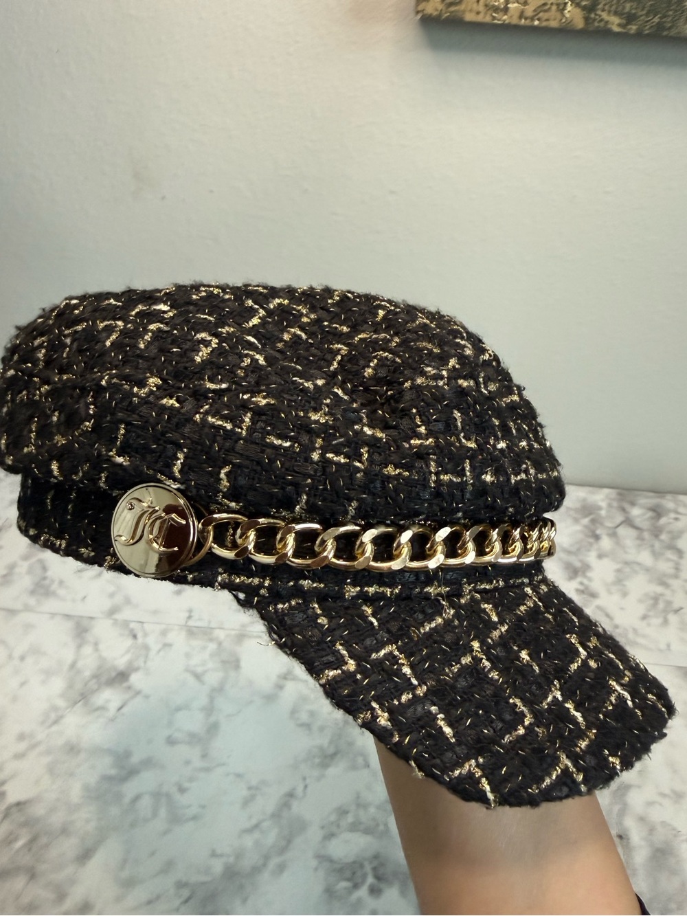 Vintage Y2K Juicy Couture Black Tweed Newsboy Cap with Gold Chain Accent